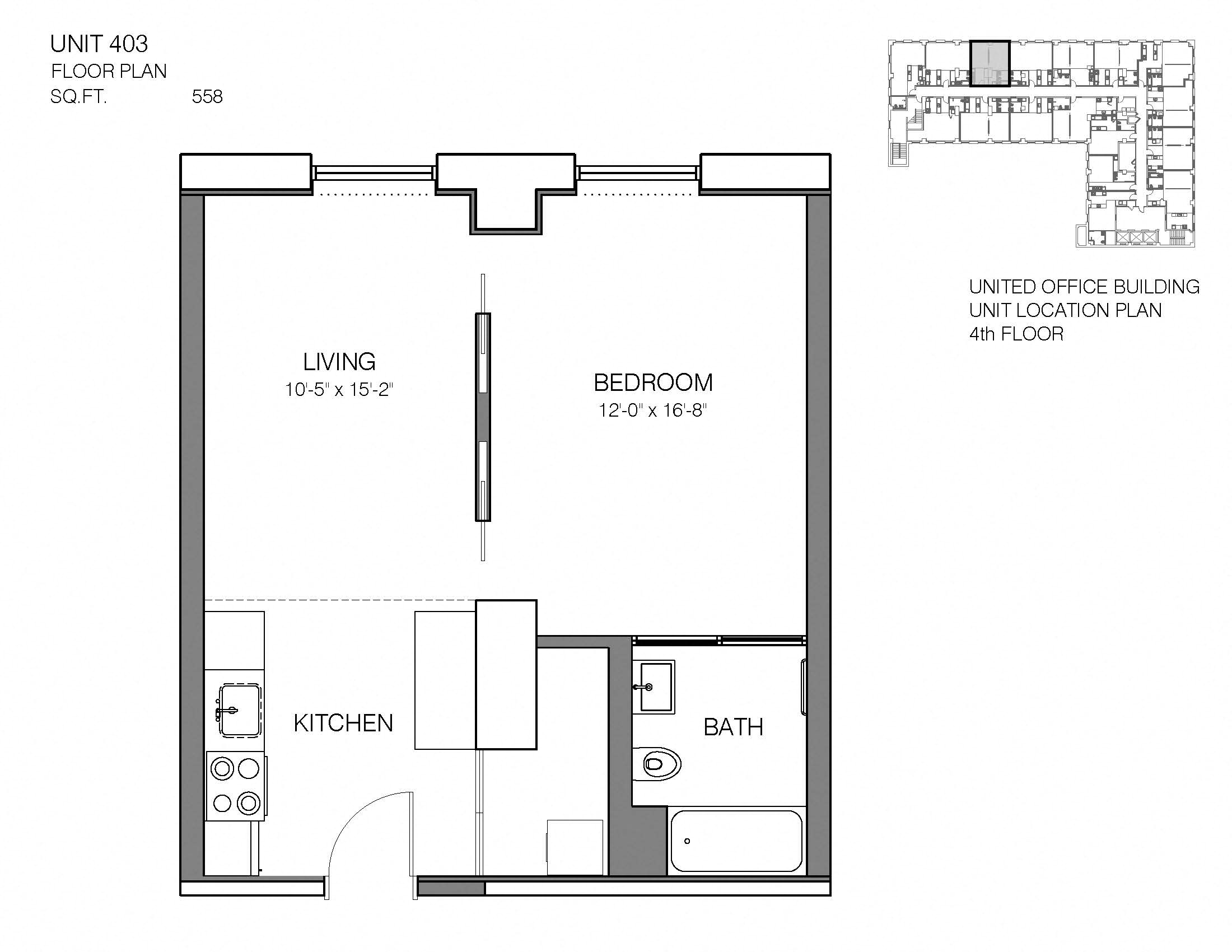 Floor plan for 1 bed, 1 bath, 558 sqft